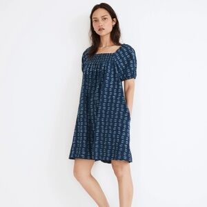 Madewell Puff-Sleeve A-Line Mini Dress in Indigo Block Print Size Medium